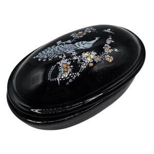 Large Porcelain Oval Shaped Trinket Box Black with Peacock Gold 6"